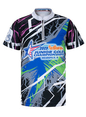 2023 Junior Gold Youth Sublimated Colorful Crazy Stripes Jersey in Black and Blue - Front View