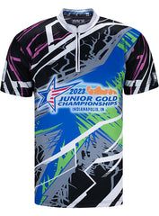 2023 Junior Gold Adult Sublimated Colorful Crazy Stripes Jersey in Black and Blue - Front View