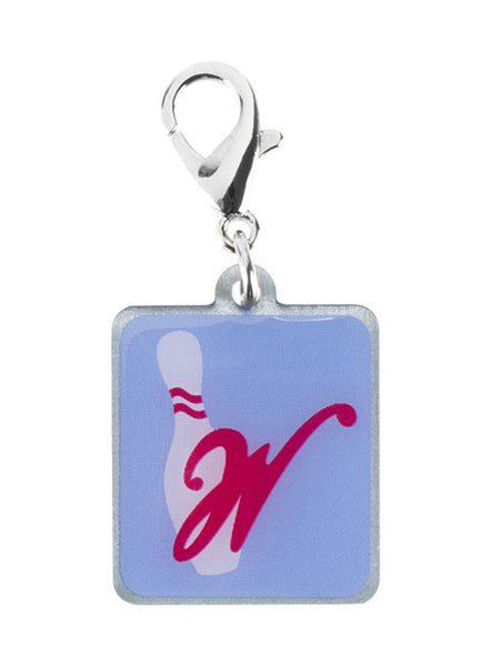 Women's Championships Bowling Pin Shoe Charm in Blue and Pink - Front View