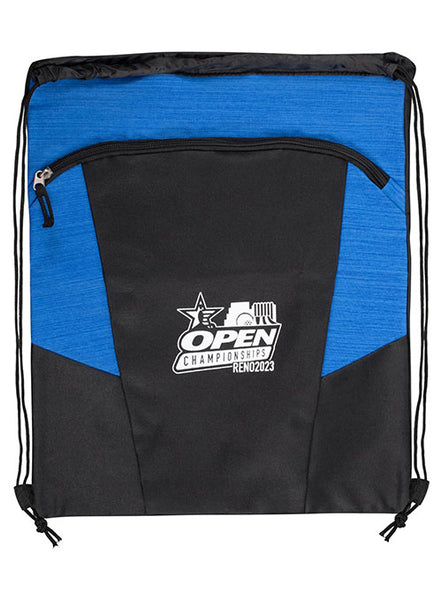 2023 Open Championships Cinch Bag in Black and Royal Blue - Front View