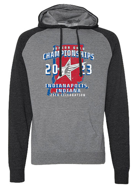 2023 Junior Gold Championships Indiana Outline Sweatshirt in Gunmetal and Charcoal Heather - Front View
