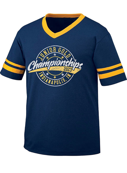 2023 Junior Gold Championships Collegiate Shirt in Navy and Gold - Front View