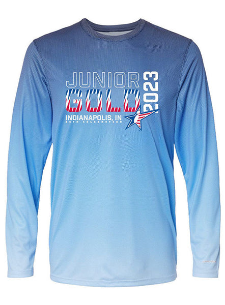 2023 Junior Gold Championships Performance Long Sleeve Shirt in Navy and Blue Mist - Front View