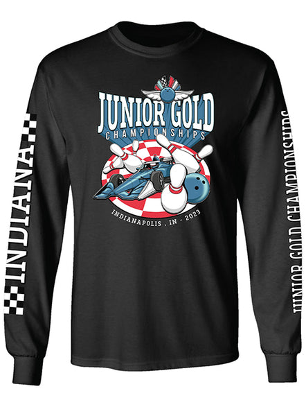 2023 Junior Gold Long Sleeve Racing Shirt in Black - Front View