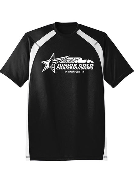 2023 Junior Gold Championships Pinstrike Performance T-Shirt in Black and White - Front View