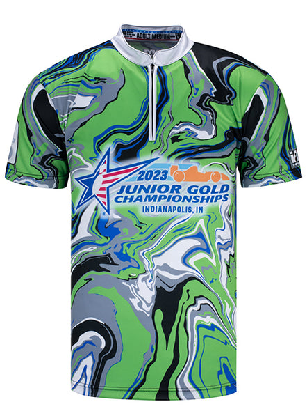 2023 Junior Gold Adult Sublimated Green Paint Pour Jersey - Front View