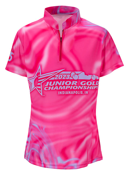 2023 Junior Gold Ladies Sublimated Pink Swirly Jersey - Front View