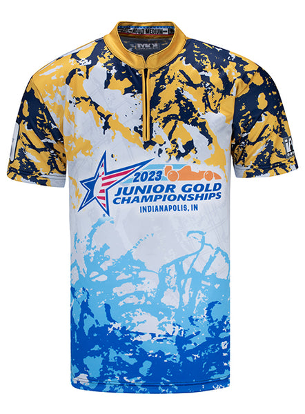 2023 Junior Gold Adult Sublimated Yellow and Blue Jersey - Front View