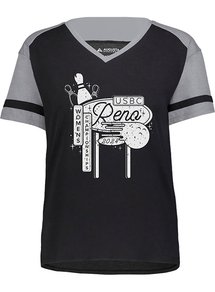 2024 Women's Championships Ladies Vintage Reno Sign T-Shirt in Black and Grey - Front View