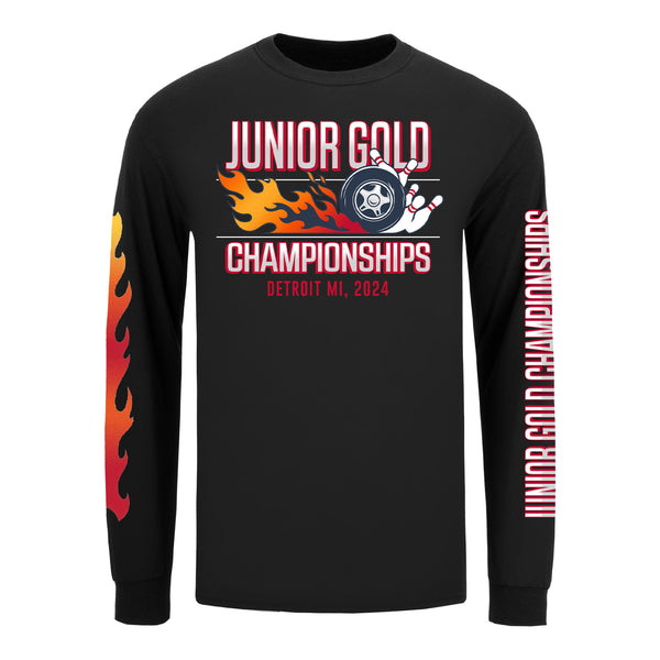 2024 Junior Gold Championships Detroit Flaming Tire Long-Sleeve T-Shirt - Front View