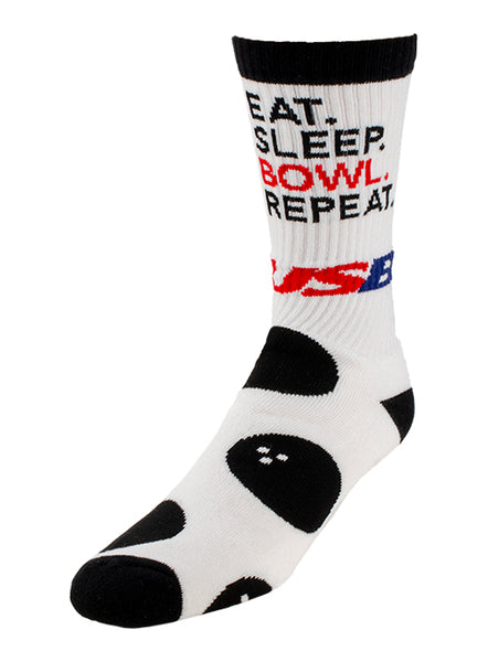 USBC "Eat, Sleep, Bowl" White Ribbed Athletic Socks - Front Left View