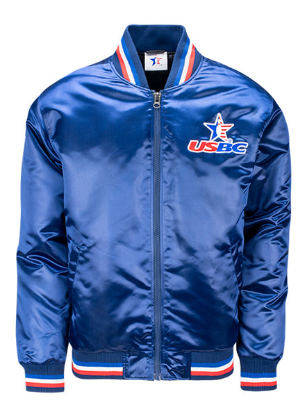 USBC Blue Satin Bomber Jacket - Front View
