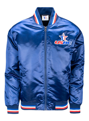 USBC Blue Satin Bomber Jacket - Front View