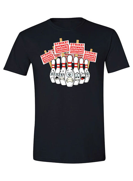 Bowling Pins on Strike T-Shirt in Black - Front View