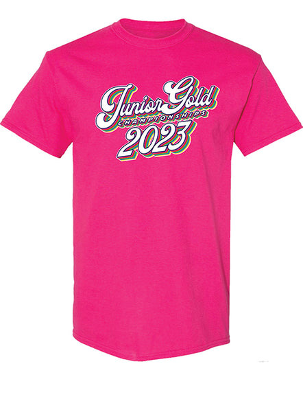 2023 Junior Gold Championships Retro Cursive Shirt in Hot Pink - Front View