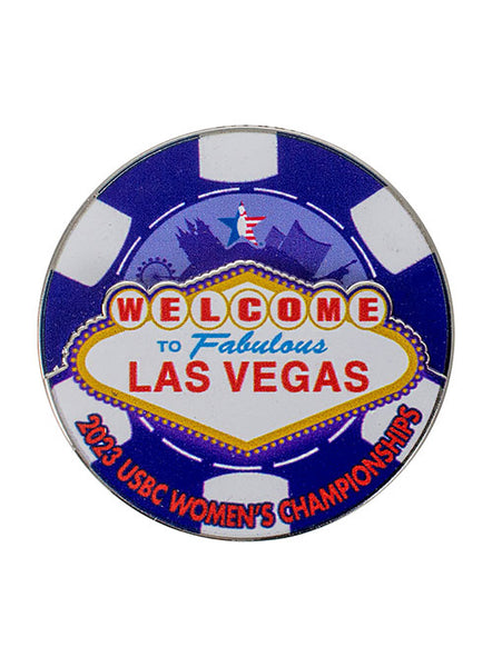 2023 Women's Championships Poker Chip Hatpin in Purple and White - Front View