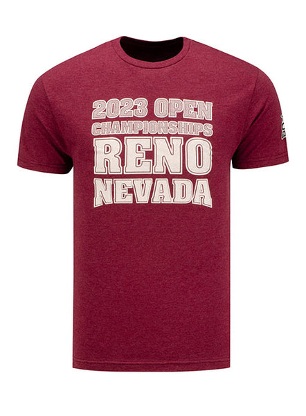 2023 Open Championships Reno Wordstack T-Shirt in Maroon - Front View