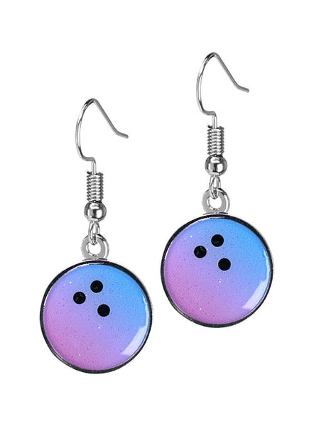 Purple and Blue Glitter Bowling Ball J-Hook Earrings - Front View