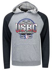 USBC Bowling Ball Raglan Hoodie in Heather Grey and Heather Charcoal - Front View