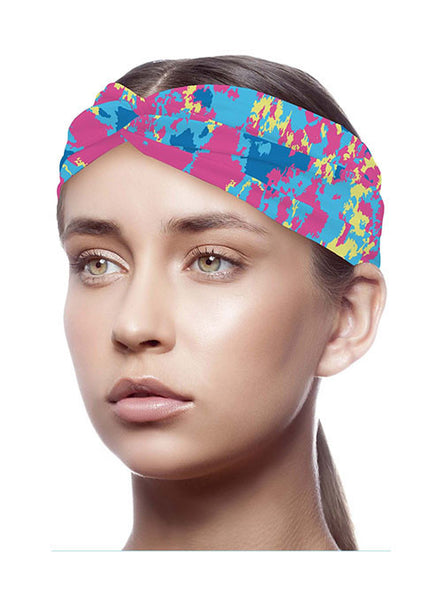 Tie Dye Headband in Pink Blue and Yellow - Front View