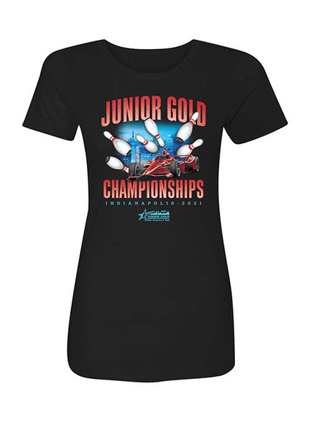 Ladies 2021 Junior Gold T-Shirt in Black - Front View