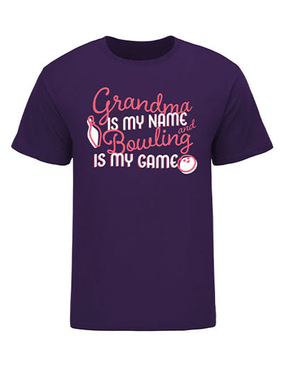 Bowling Grandma T-shirt in Purple - Front View