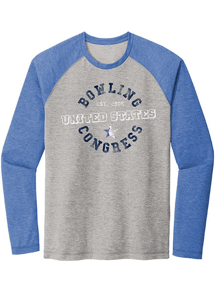 USBC Medallion Long Sleeve T-Shirt in True Royal Heather and Light Grey Heather - Front View
